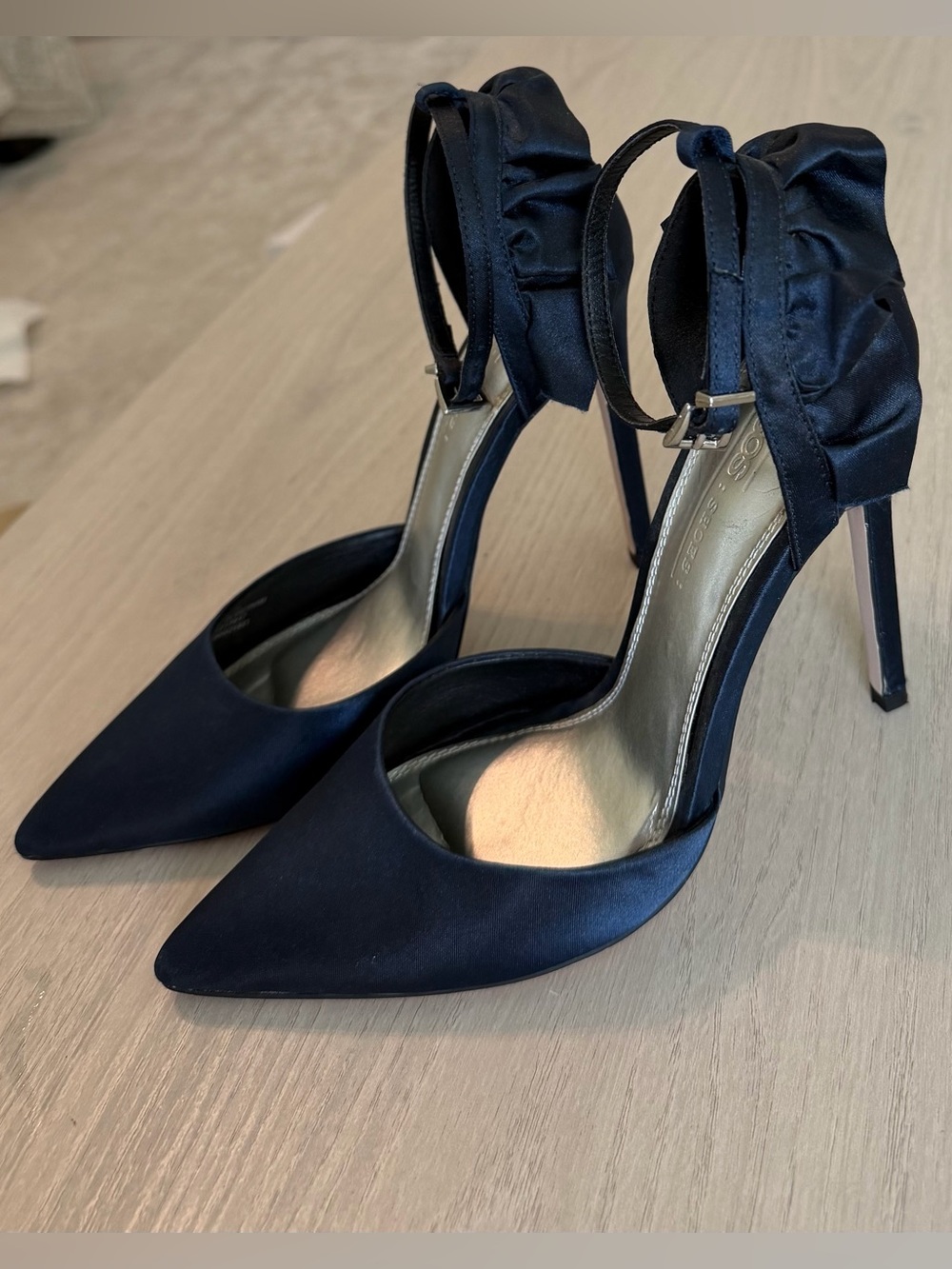 ASOS Navy Satin Pointed-Toe Ankle-Strap Heels with Ruffle Detail - Picture 7 of 8